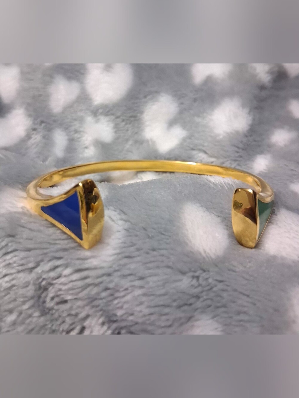 Gold Tone Open Cuff Bracelet with Blue and Green Accents